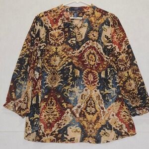 Chaps Denim Women's 2X Blue Red Gold Medallion Print Button Front Blouse